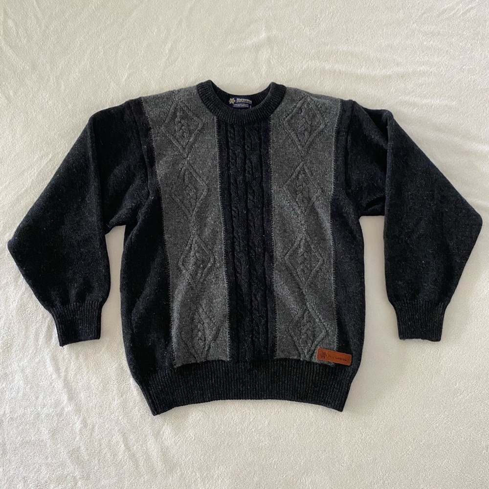 Norsewear Black and Gray Heavy Cable Knit 100% Wool Crewneck Sweater